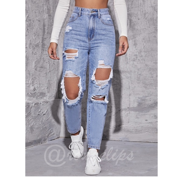Light Wash Blue Jeans Distressed Ripped High Waist Raw Hem